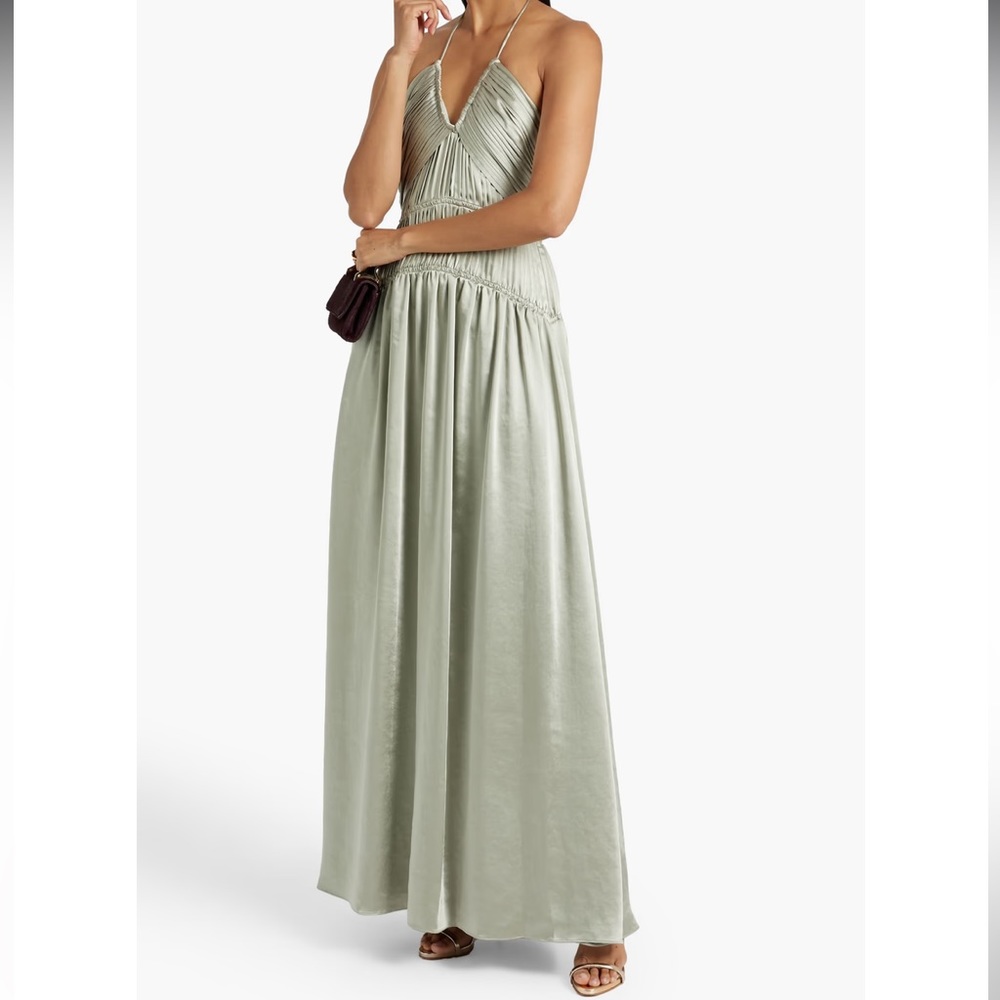 SIMKHAI Clementine plissé-satin halterneck maxi dress - basil